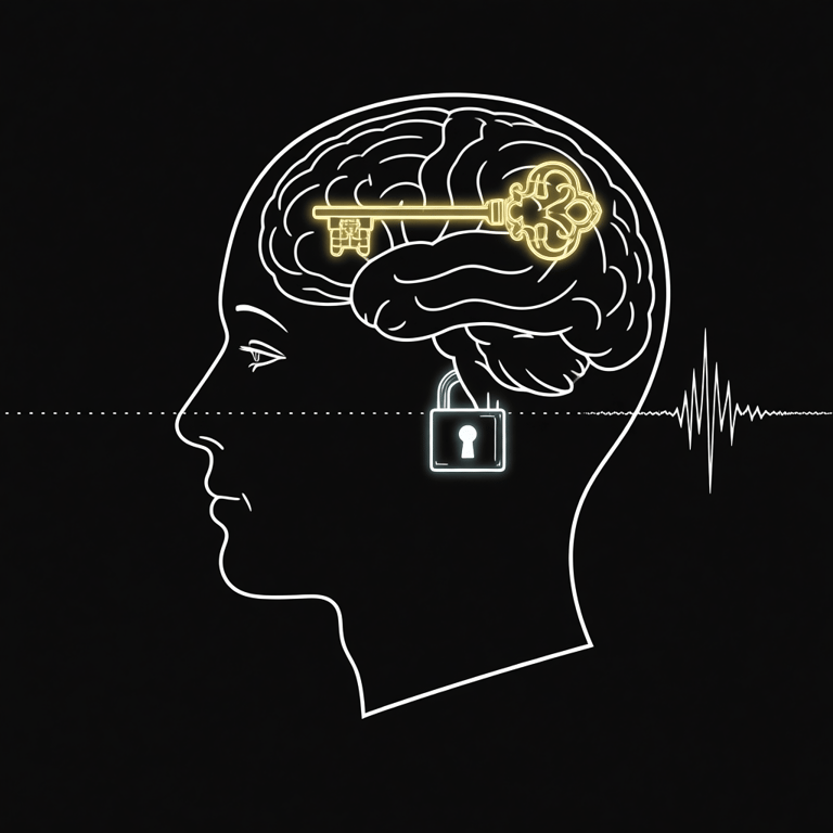 kuva  ihmisen päästä, lukosta ja avaimesta