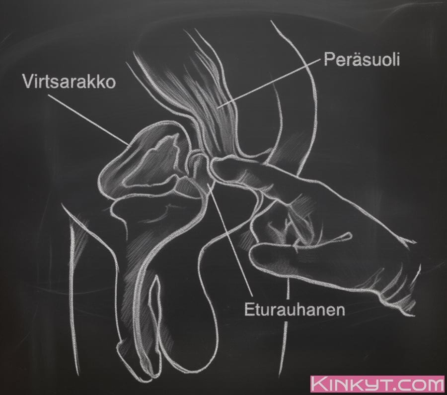 Kaaviokuva miehen anatomiasta, joka näyttää eturauhasen tarkan sijainnin peräsuolen ja virtsarakon välissä.