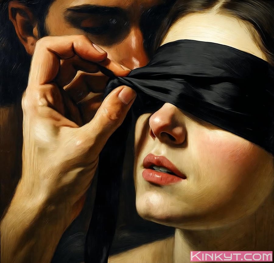 Öljymaalaus, jossa sidotaan musta silkkihuivi henkilön silmille.