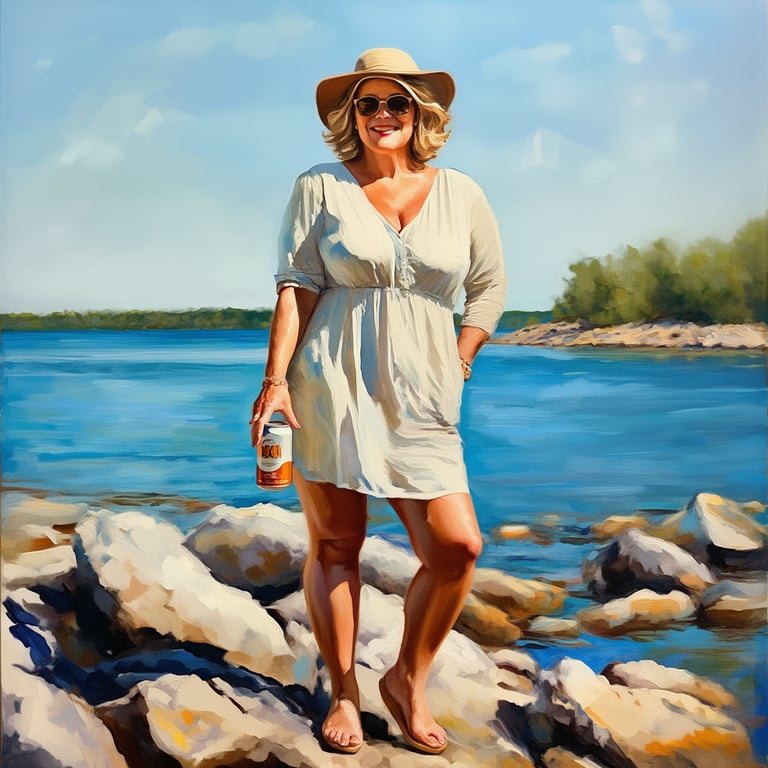 Vanhempi nainen rannalla väljässä kesämekossa