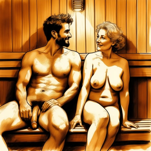 Vanhemman naapurin rouvan kanssa saunassa
