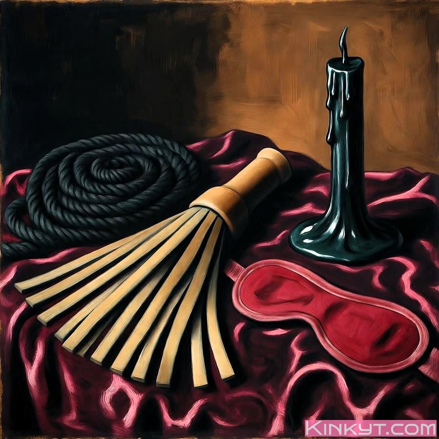 öljymaalaus-asetelma BDSM-välineistä, kuten köydestä, floggerista ja kynttilästä, tummalla samettipinnalla.