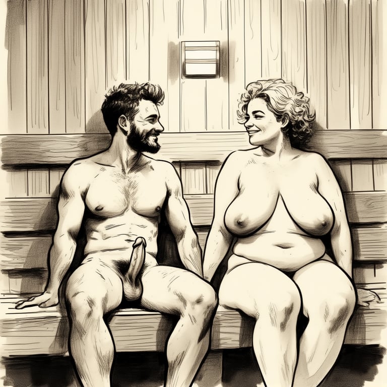  Alaston vanhempi nainen ja nuorempi mies vierekkäin saunassa